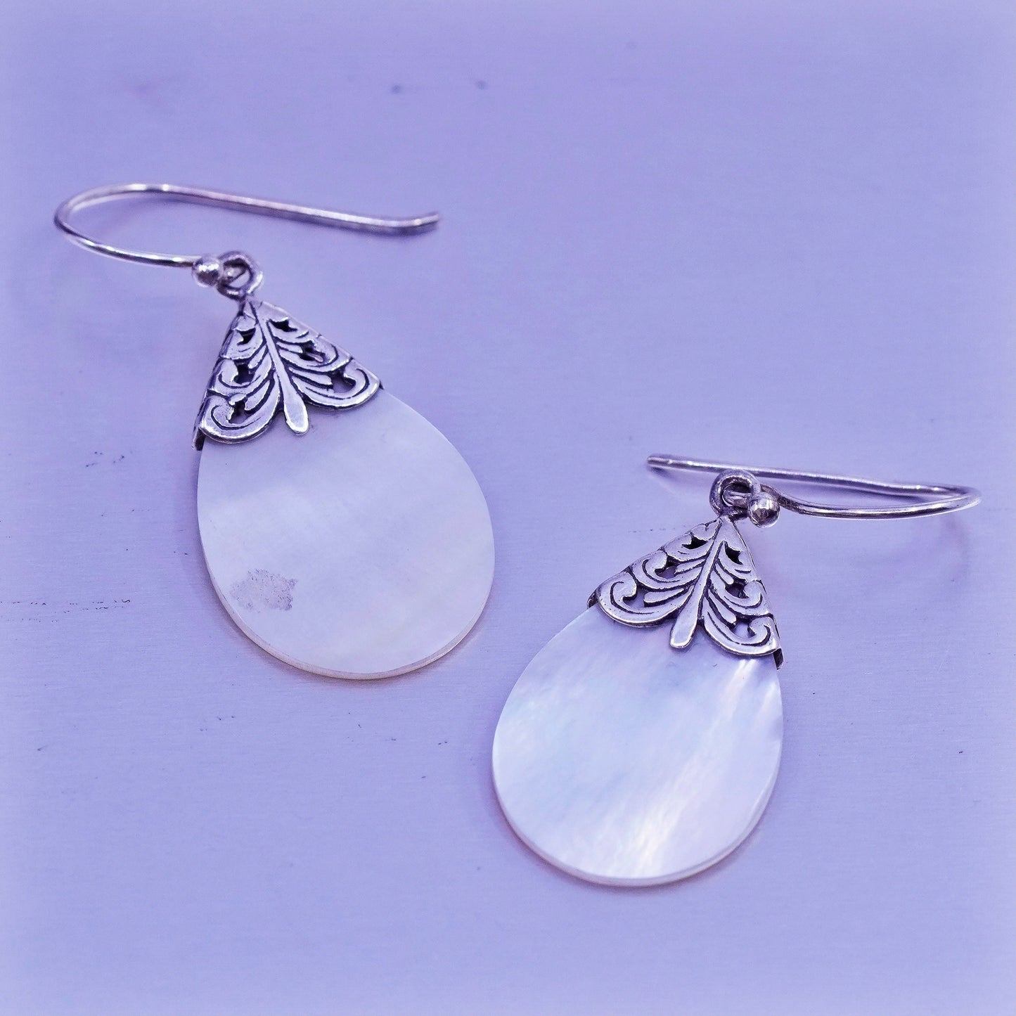 Vintage Sterling 925 silver handmade earrings with teardrop mother of pearl