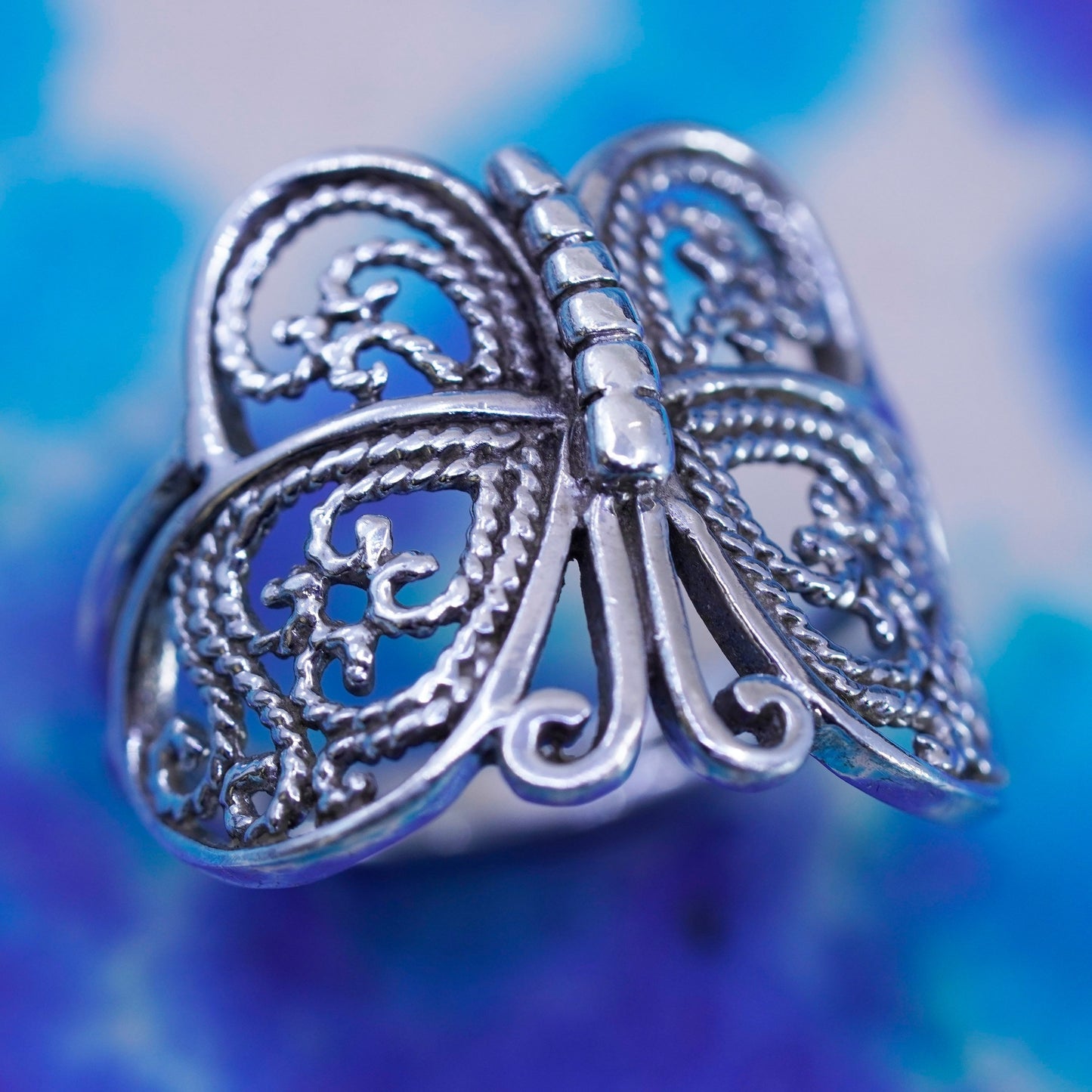 Size 6.5, vintage sterling silver handmade ring, 925 filigree butterfly band