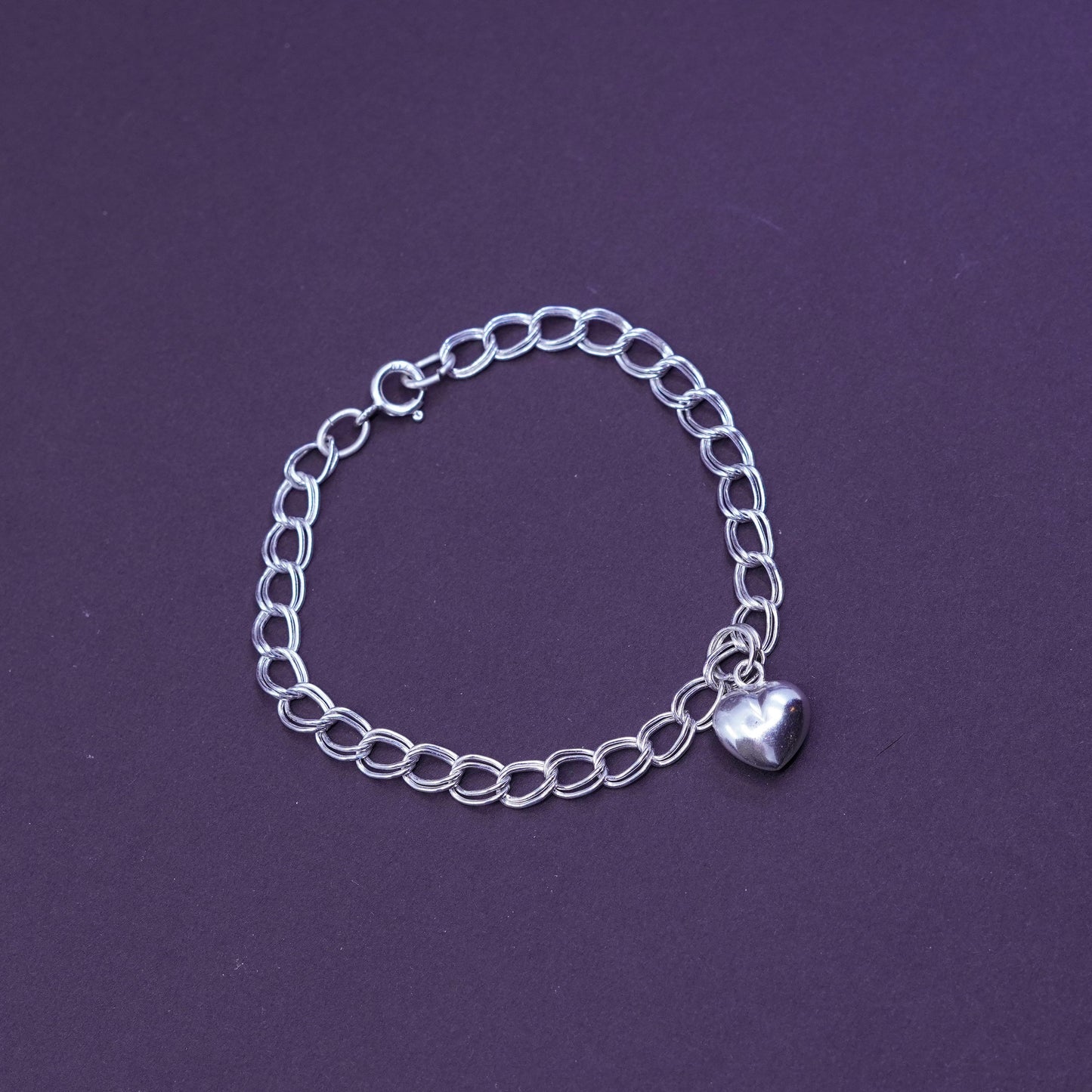 7”, vintage Sterling silver handmade double curb chain, 925 bracelet w/ hearts