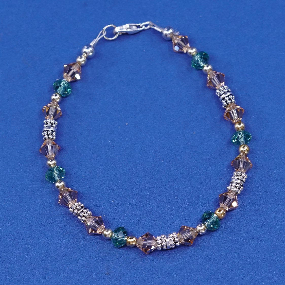 6.75”, Two Tone sterling silver handmade bracelet 925 w/ small 14K yellow beads