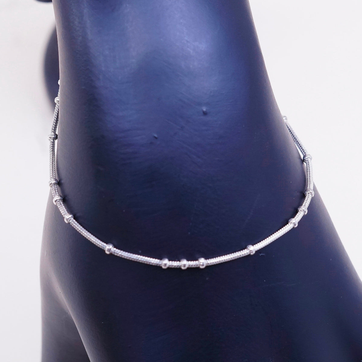 9.75”, VTG Handmade sterling silver anklet, italy 925 snake chain w/ beads