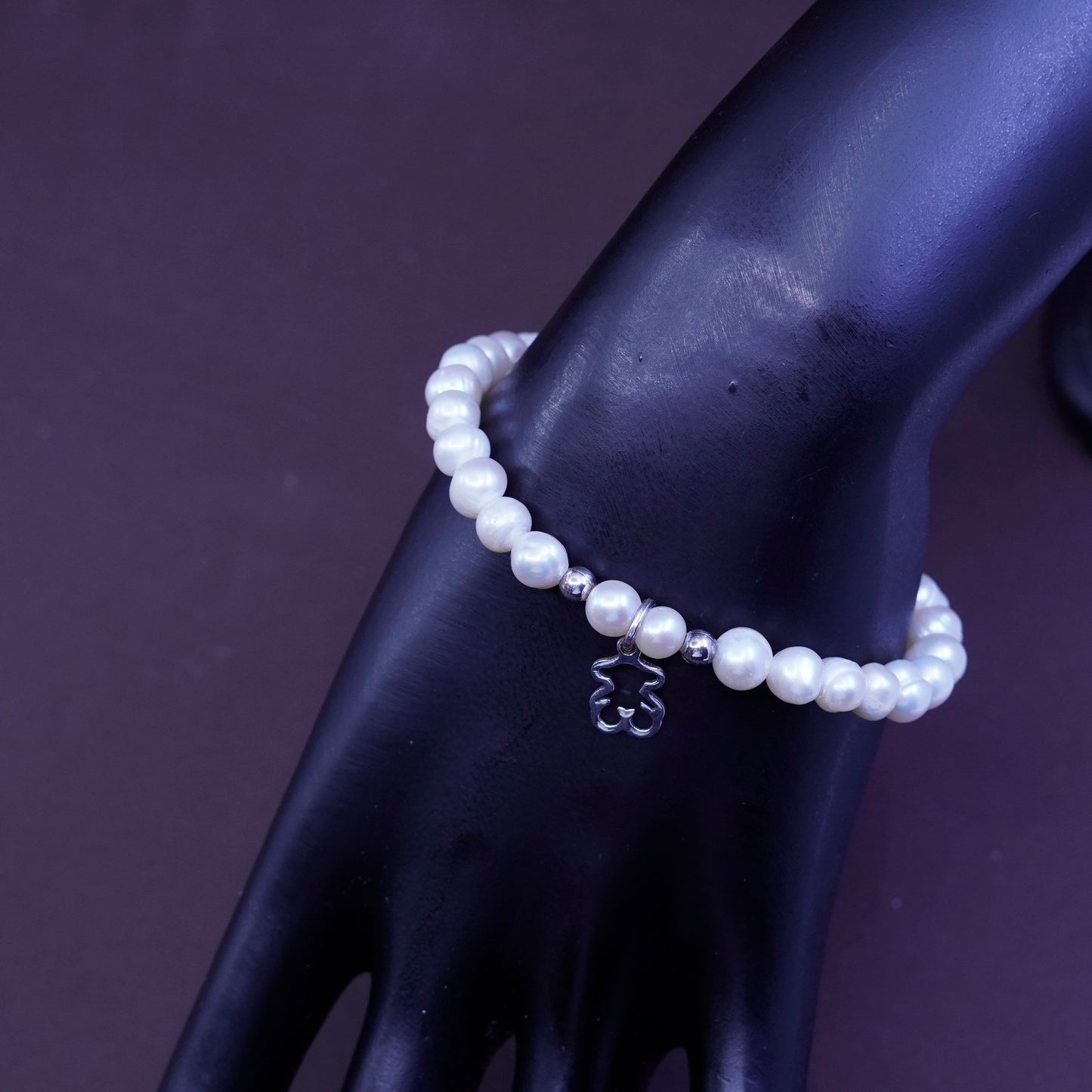 6.75”, Sterling silver bracelet, freshwater pearl beads chain w/ 925 bear charm