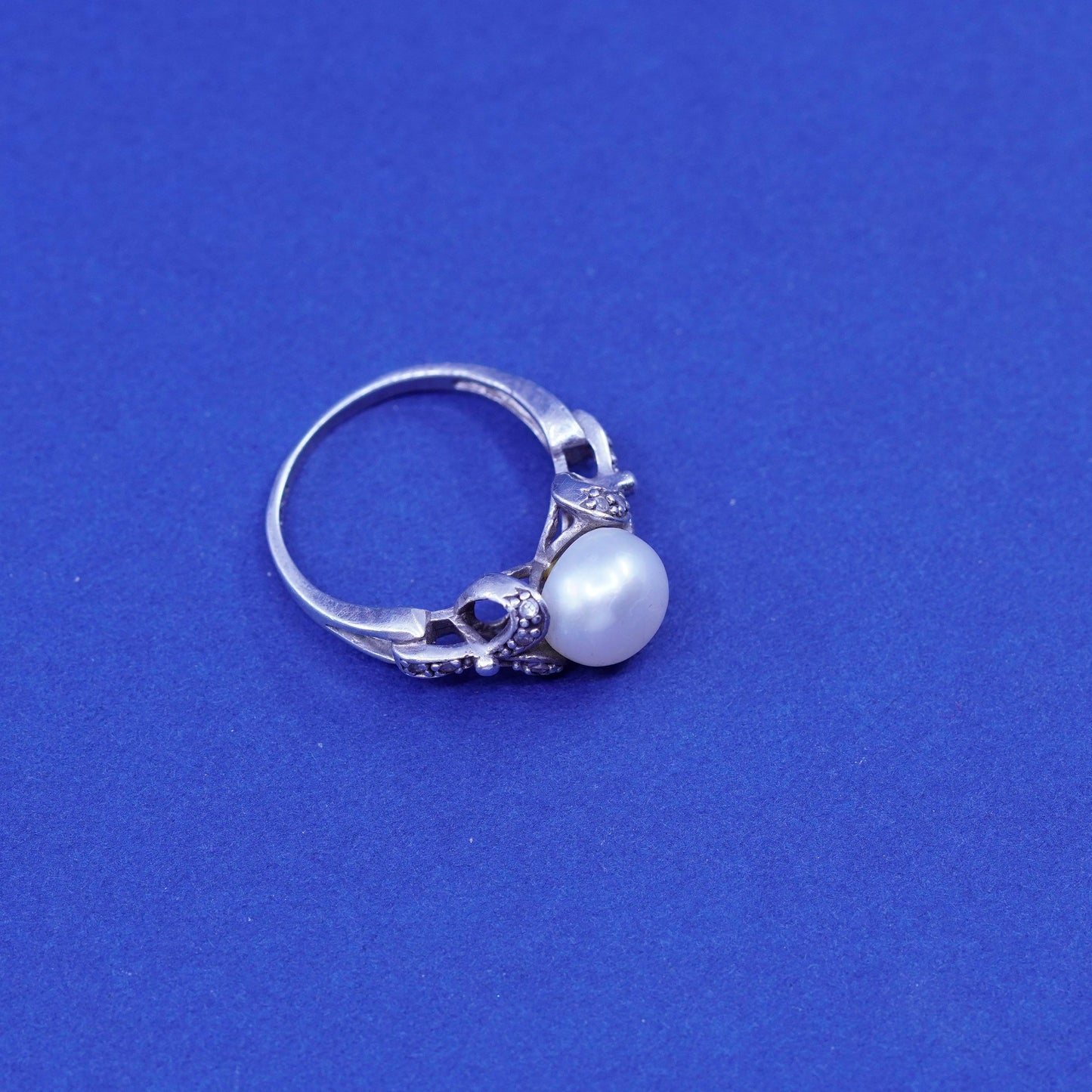 Size 6.5, sterling 925 silver handmade statement ring with pearl and diamond