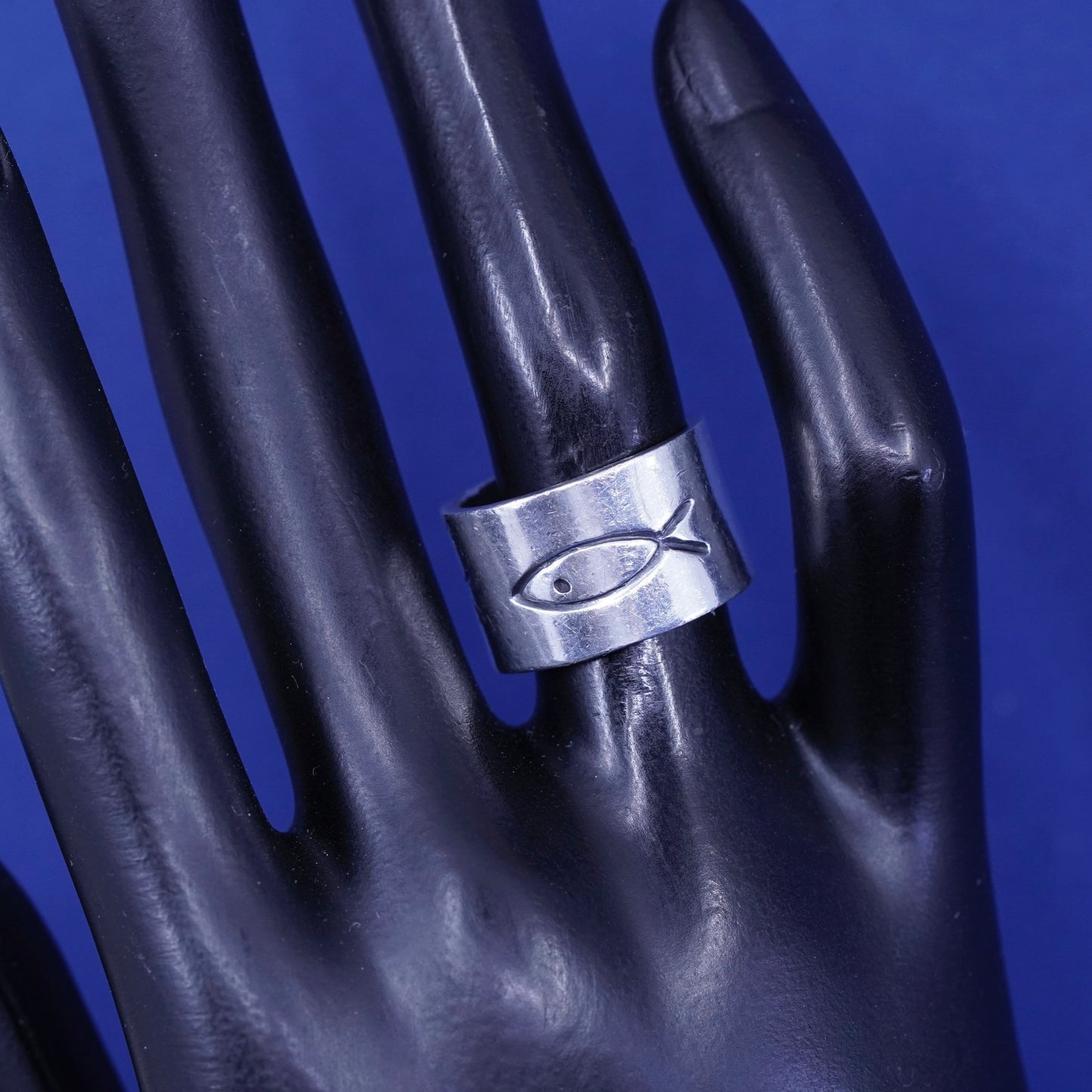 Size 5.5, vintage Sterling silver handmade ring, wide 925 prayer band with fish