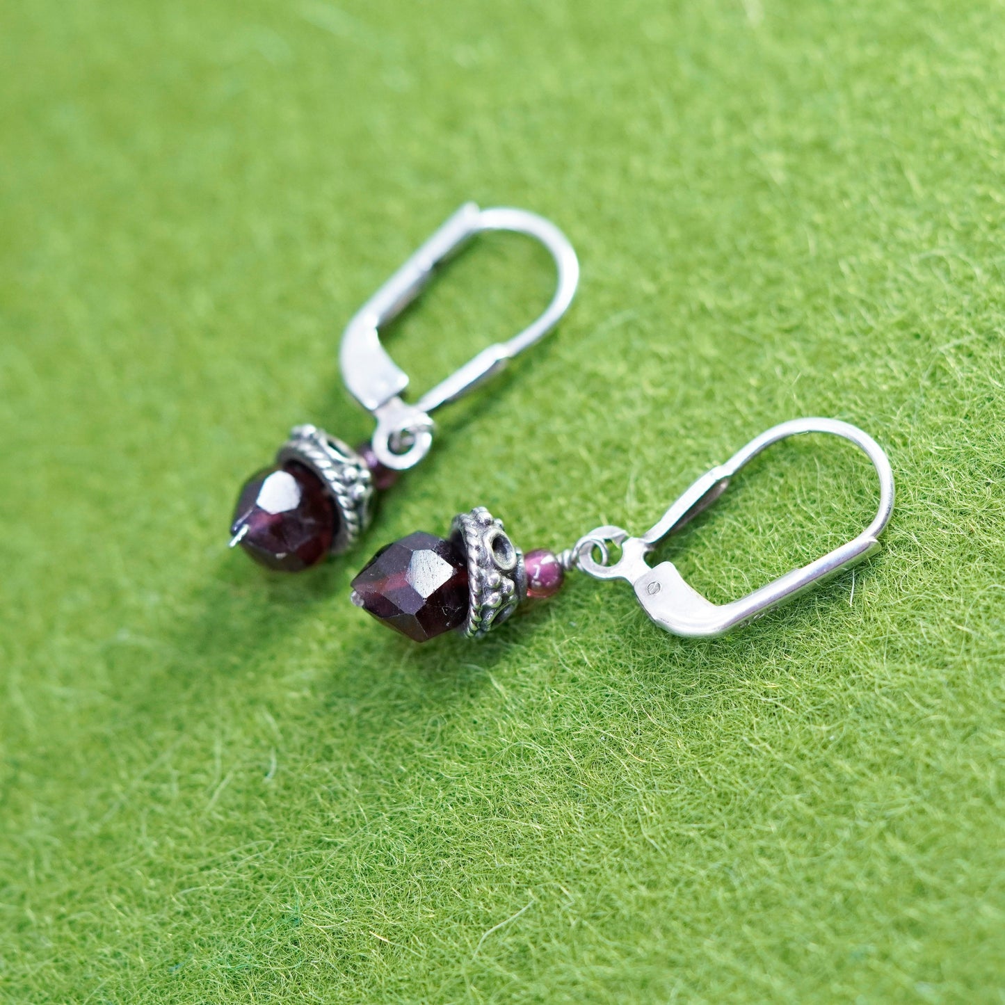 Vintage Sterling silver handmade earrings, 925 hooks with garnet beads