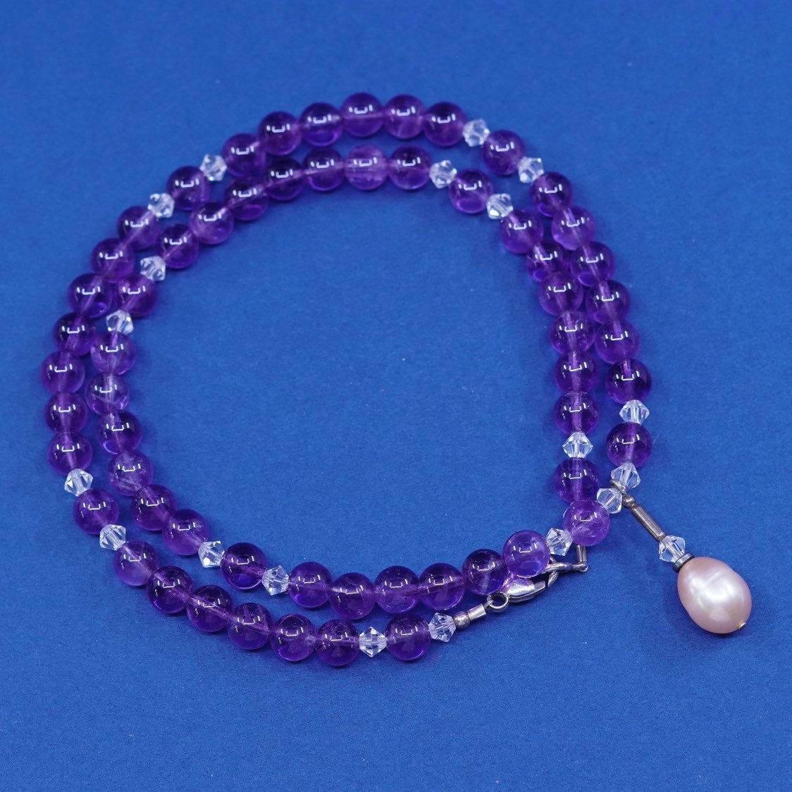 18”, Sterling silver necklace, 925 circle chain w/ amethyst beads pearl pendant