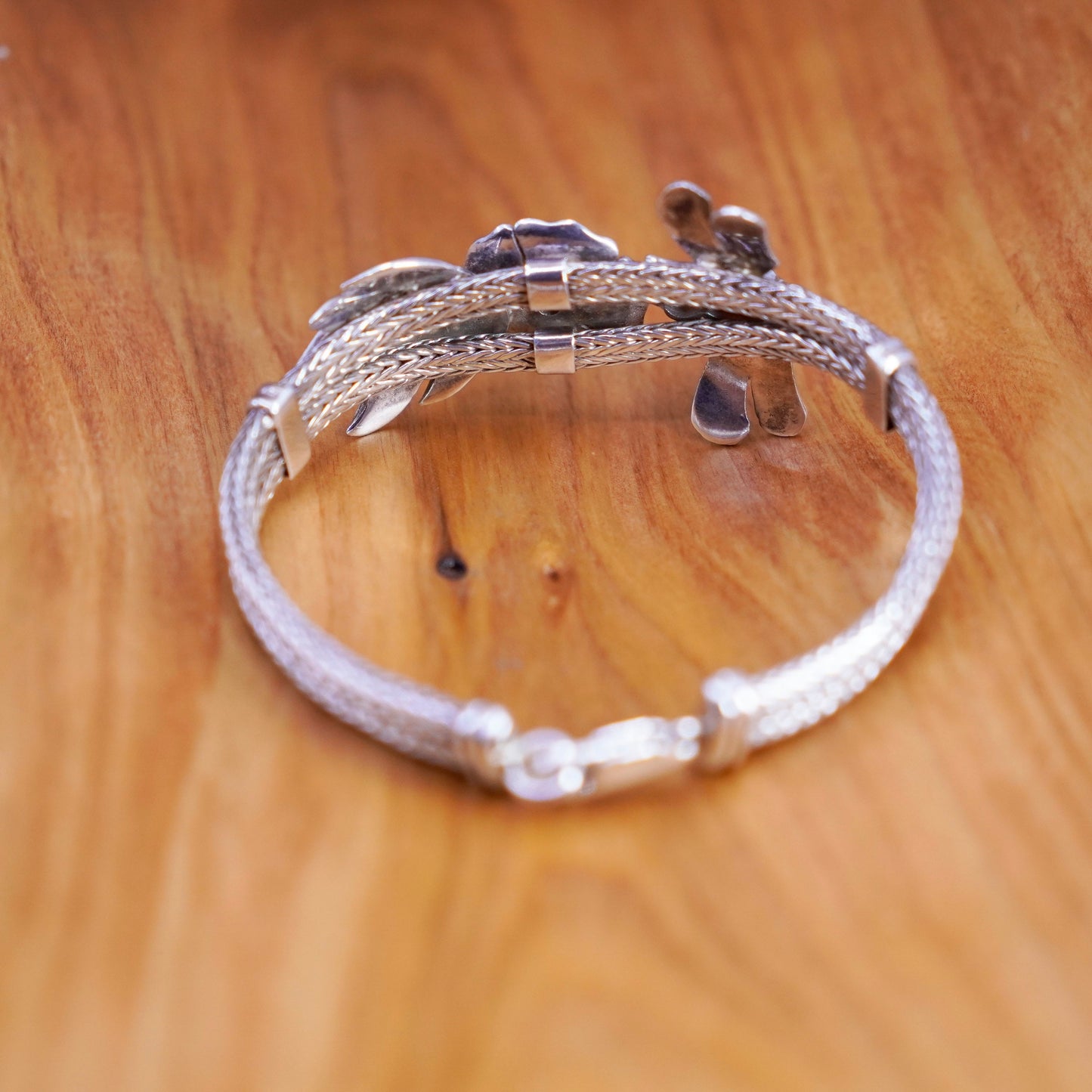 7.75”, Sterling 925 silver double strands wheat chain bracelet dragonfly flower