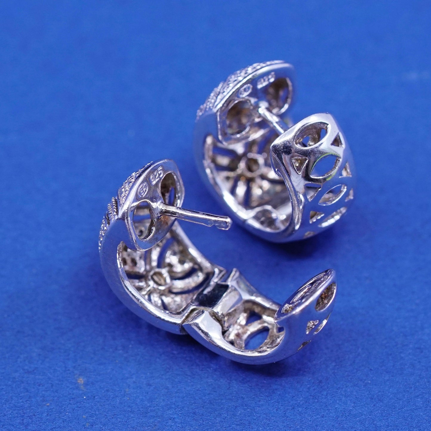 0.5”, Vintage Sterling silver earrings, 925 hoops, huggie with diamond