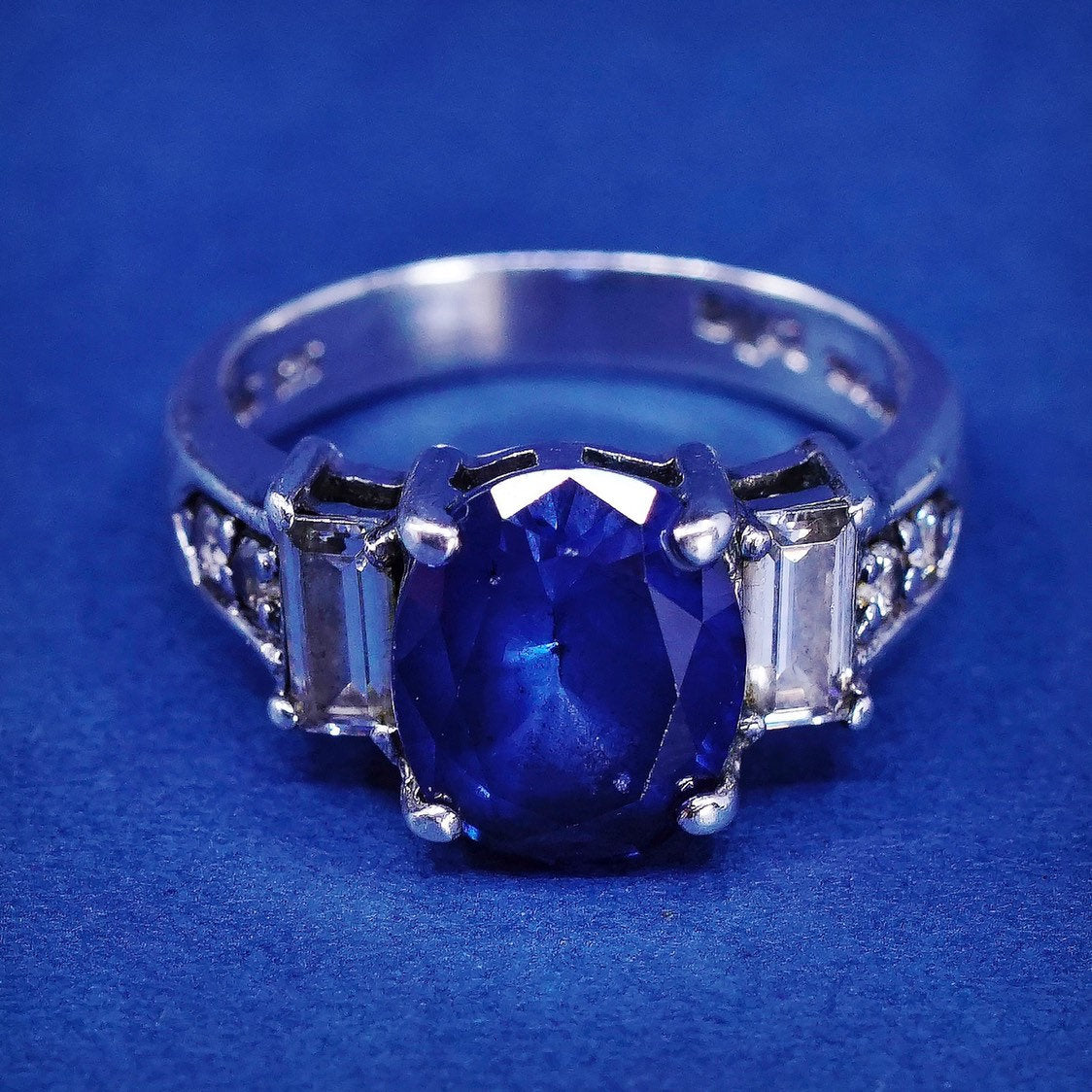 sz 7.25, vtg CSJ Sterling silver handmade ring, 925 w/ sapphire N crystal