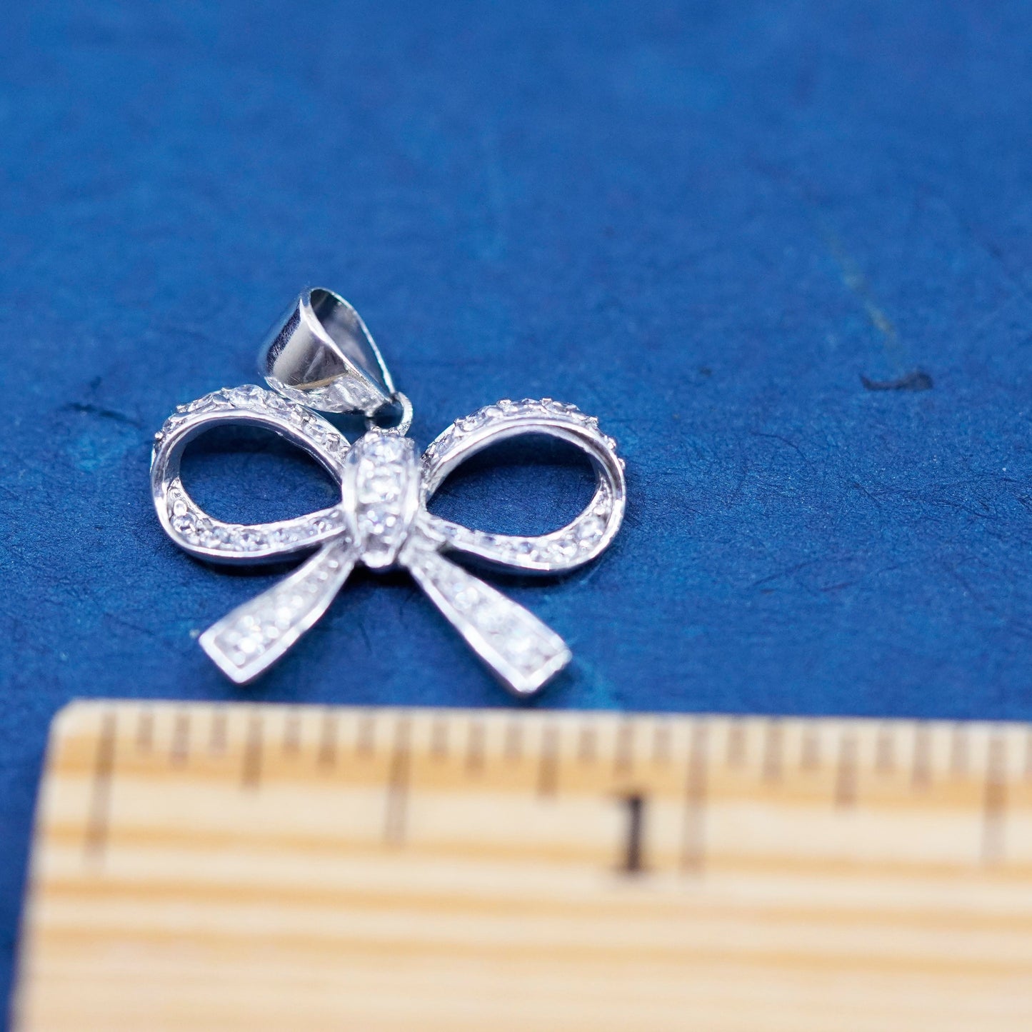 Vintage Sterling silver handmade pendant, 925 ribbon bow tie with cluster cz