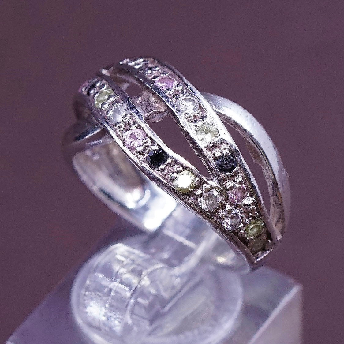 sz 6.75, vtg Sterling silver anniversary ring, 925 band w/ cluster cz