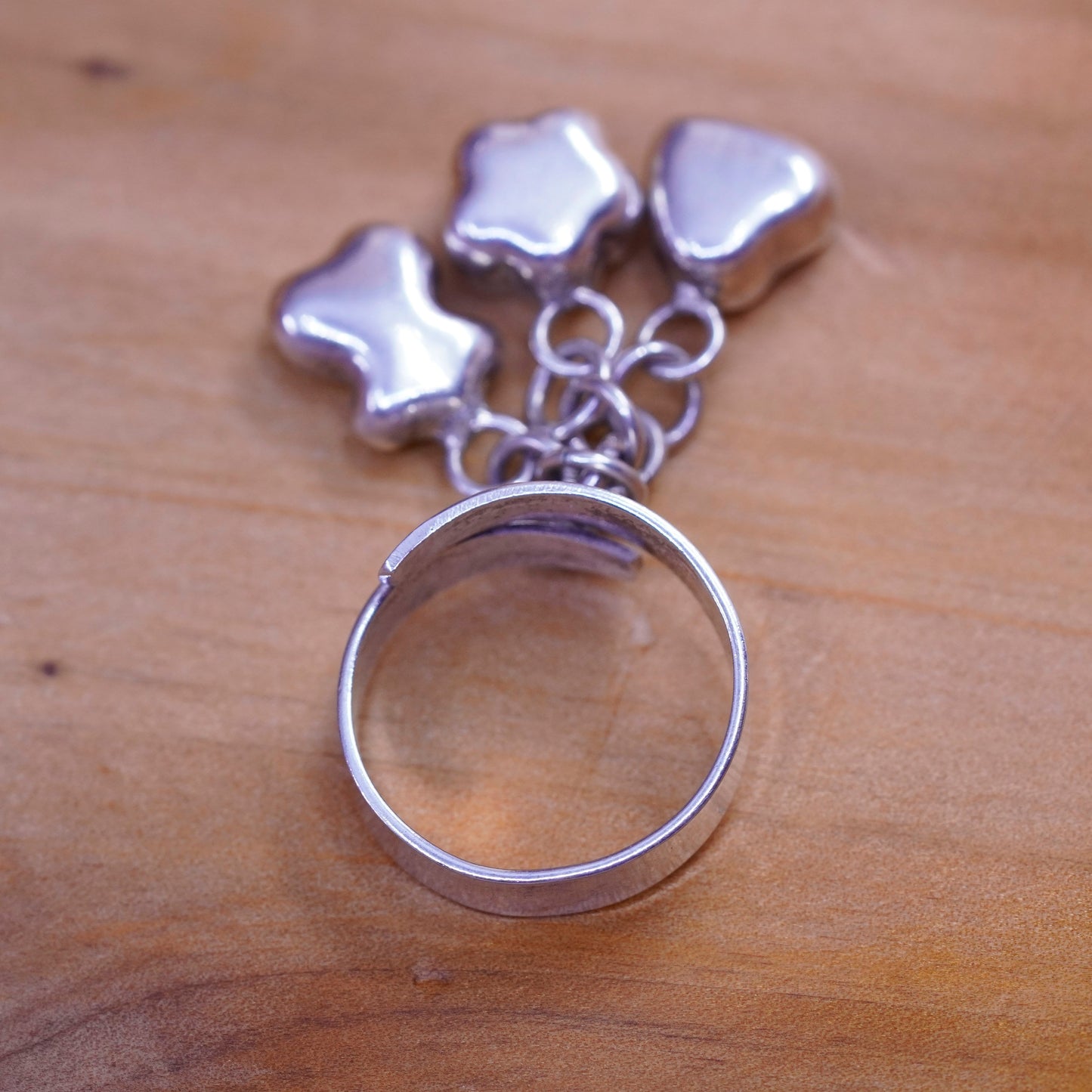 Size 7.25, vintage Sterling 925 silver handmade ring w/ heart star bead charms