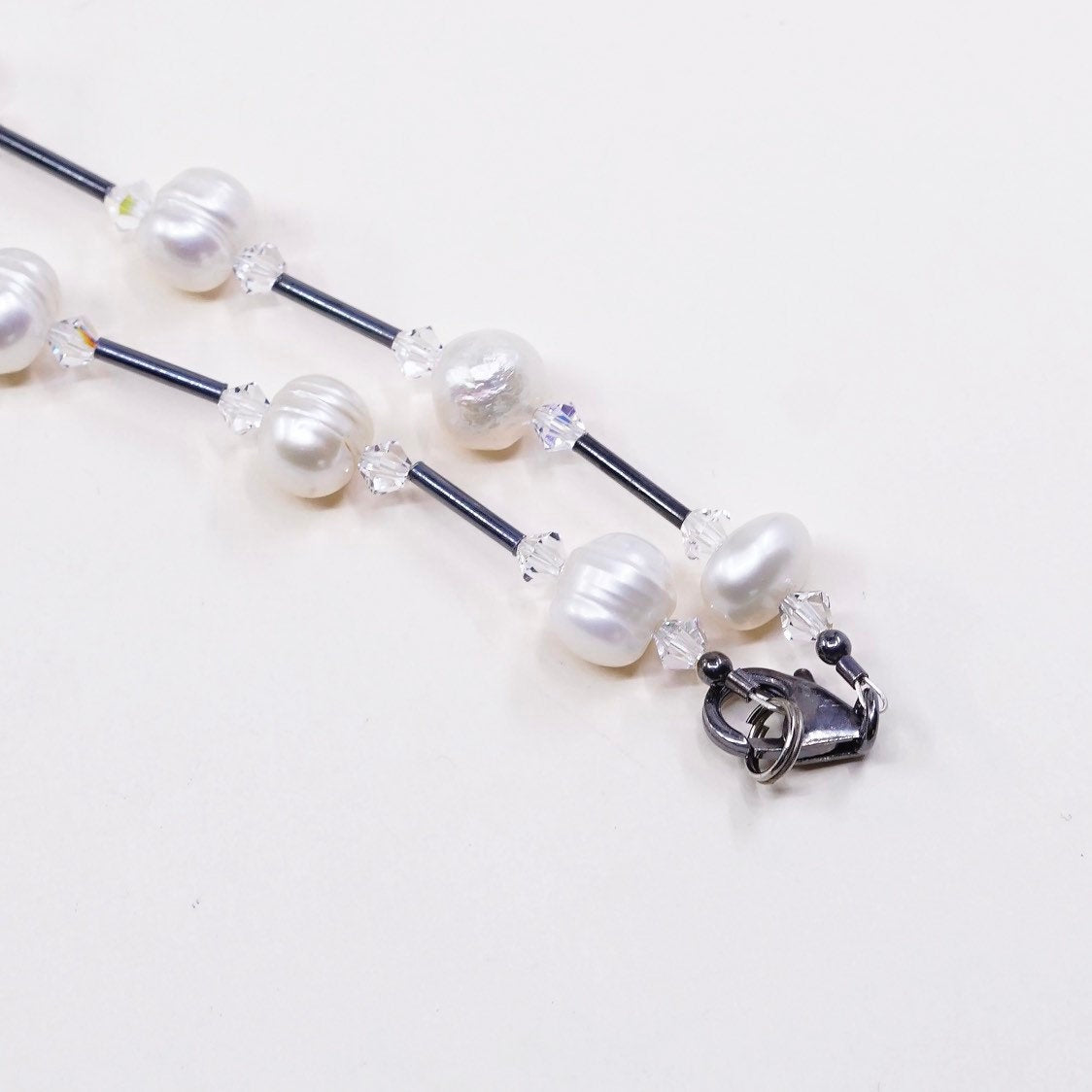18”, vtg handmade Sterling silver bar link chain with pearl beads details
