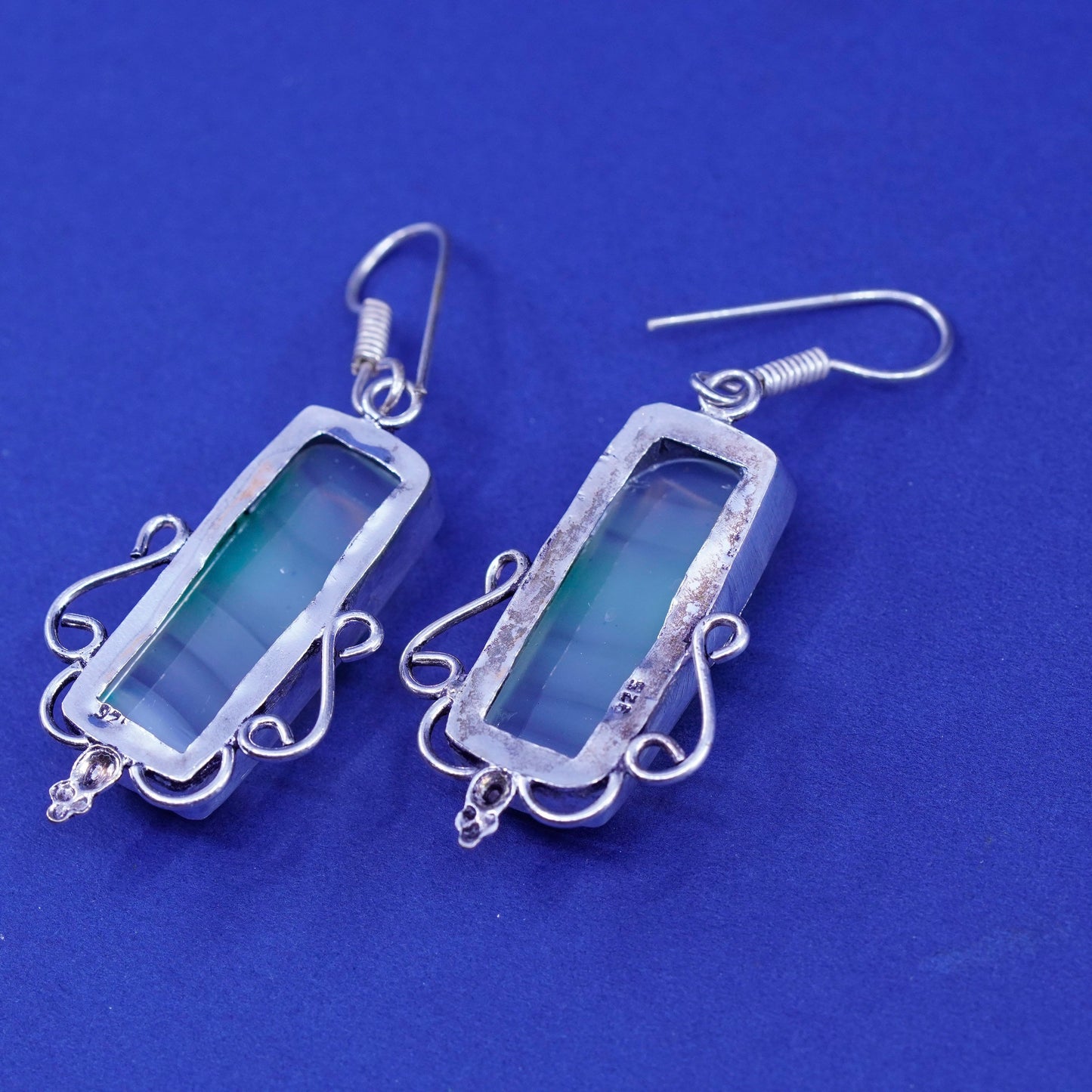 Vintage sterling silver handmade filigree earrings with rectangular jade