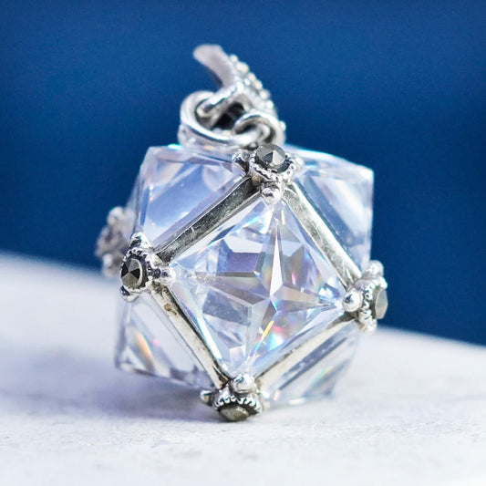 Vintage Sterling 925 silver handmade Crystal cube pendant with marcasite