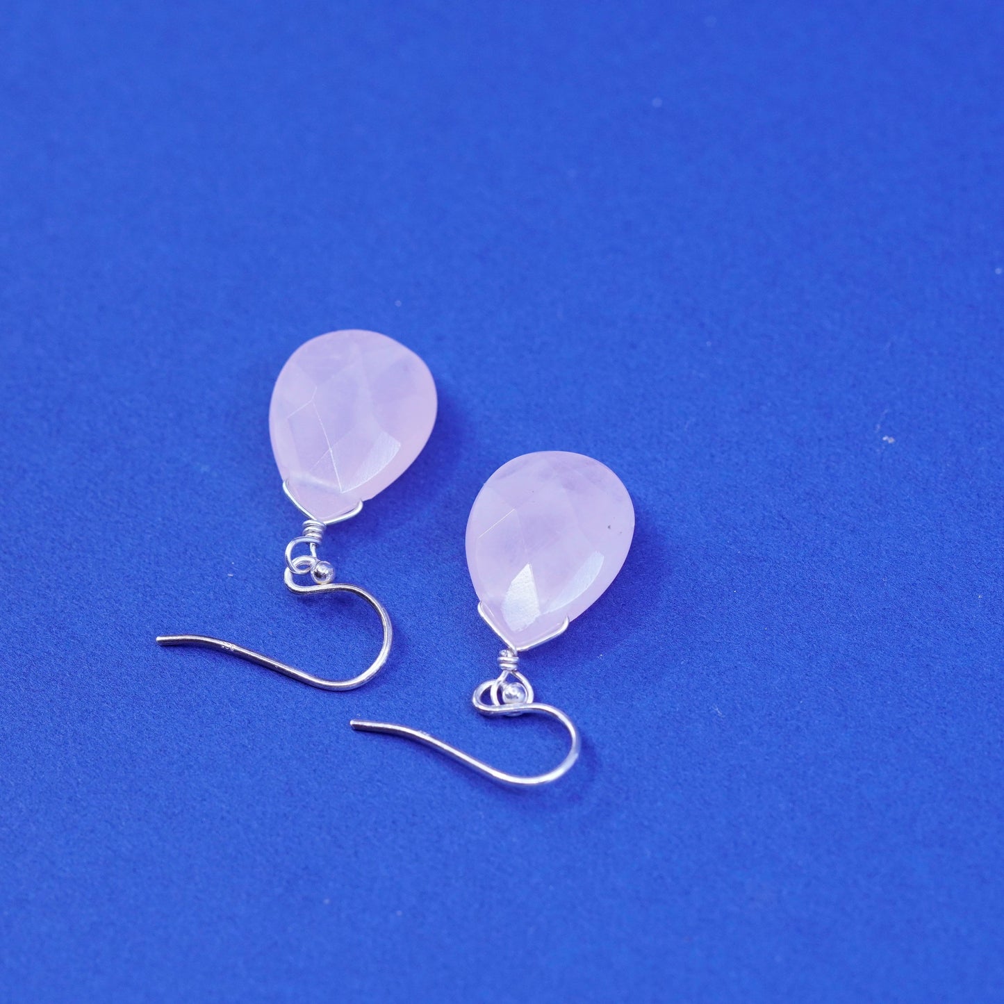 Vintage Sterling 925 silver handmade earrings with teardrop pink quartz Dangles