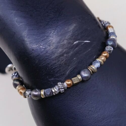 7”, Vtg Handmade Bead Bracelet, Gf Beads W/ Black Pearl W/ Flower Toggle Closure