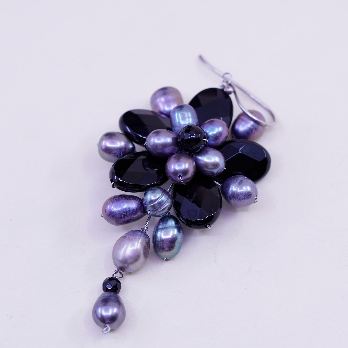 Vintage Soms Sterling 925 silver handmade earrings with flower pearl obsidian