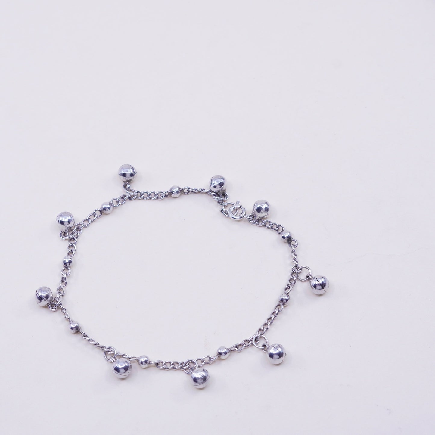 9”, Sterling Silver Bracelet, 925 belly dancer chain anklet chime bell charms