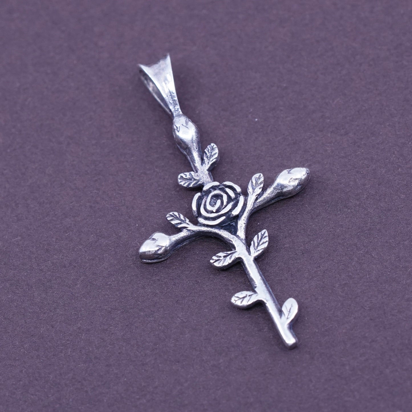 Vintage Sterling silver handmade pendant, 925 cross with flower