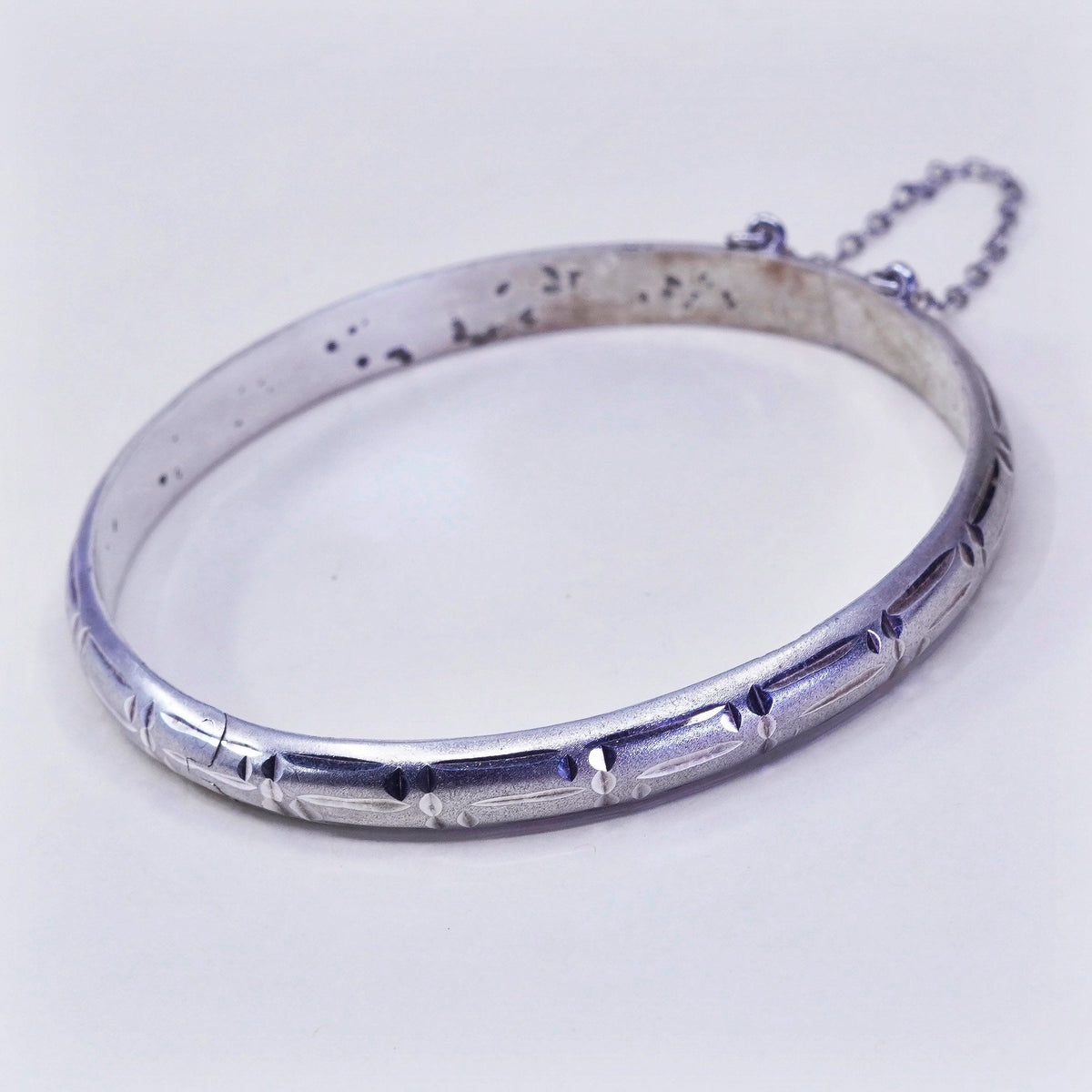 7.5”, sterling silver bracelet, Matt textured 925 hinged bangle N secure chain