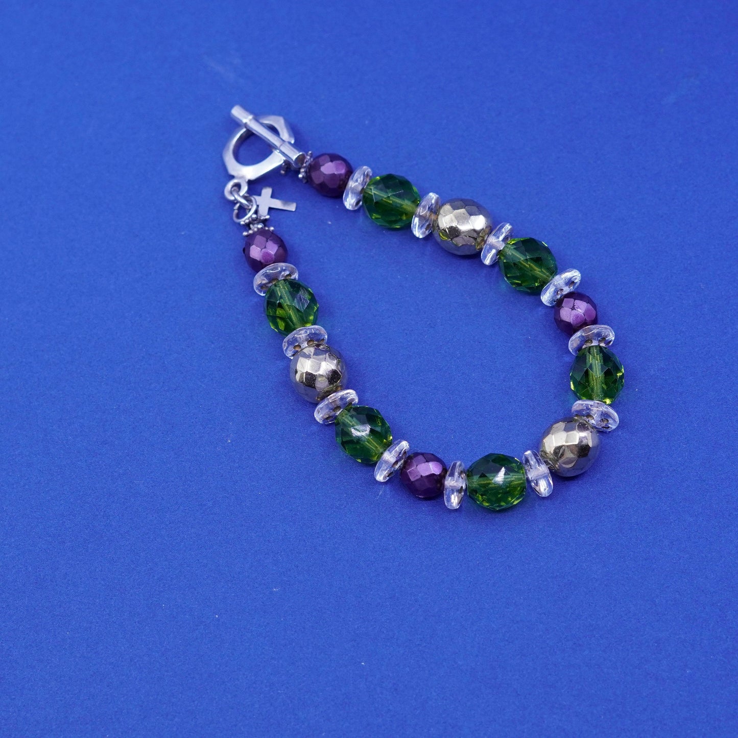 7”, Mexico sterling 925 silver handmade bracelet w/ crystal beads N toggle