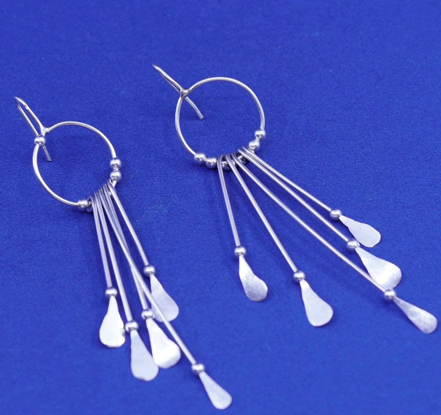 Vintage sterling silver handmade earrings, 925 fringe drops with beads