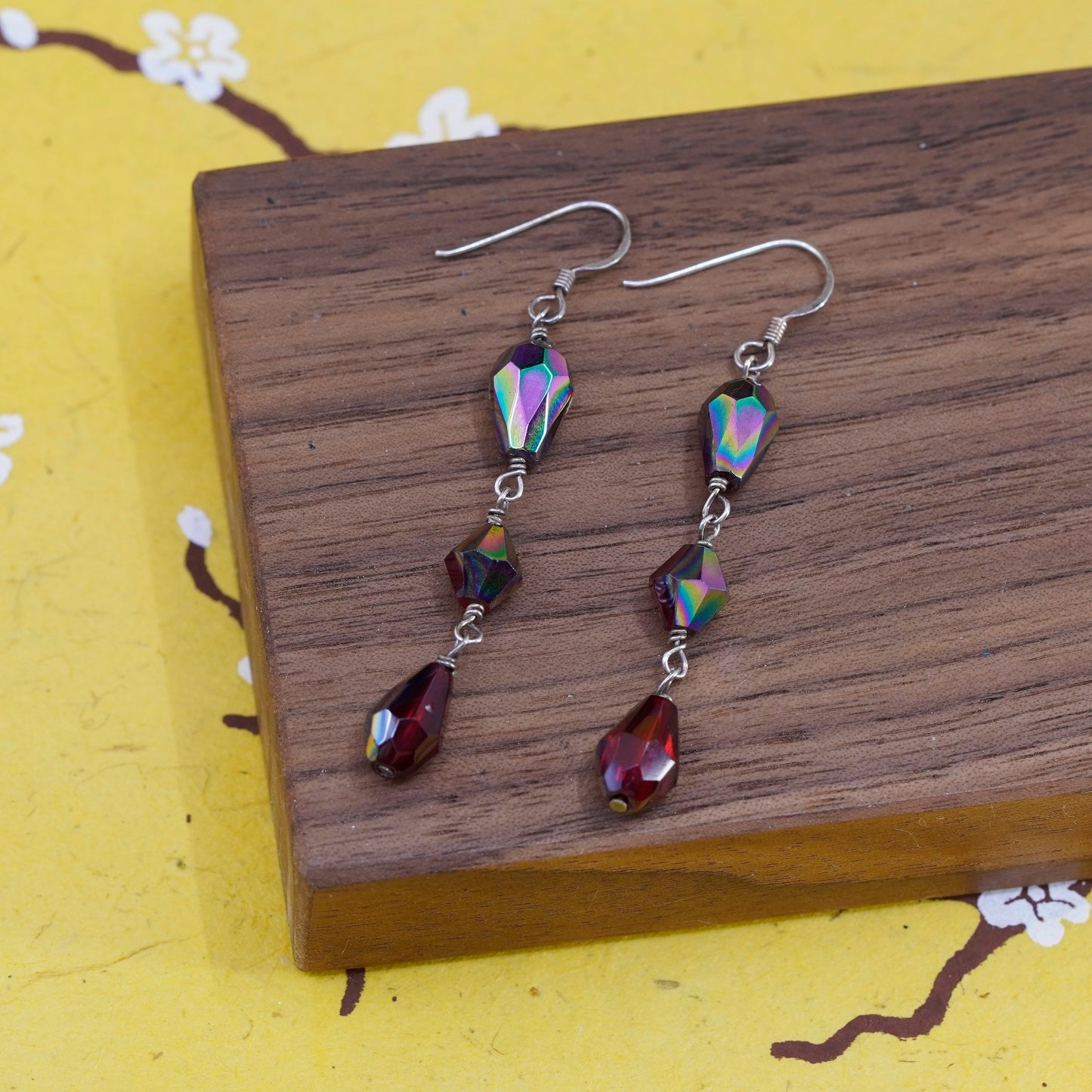 Vintage Sterling 925 silver handmade dangles with red crystal beads