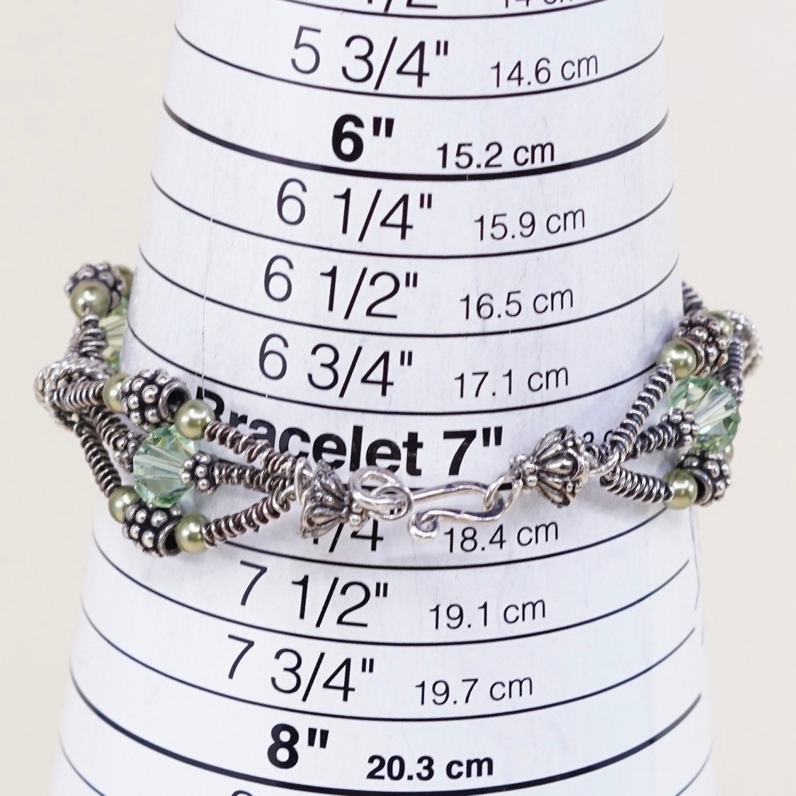 7", VTG sterling silver handmade bracelet, 925 bangle w/ beads N crystal