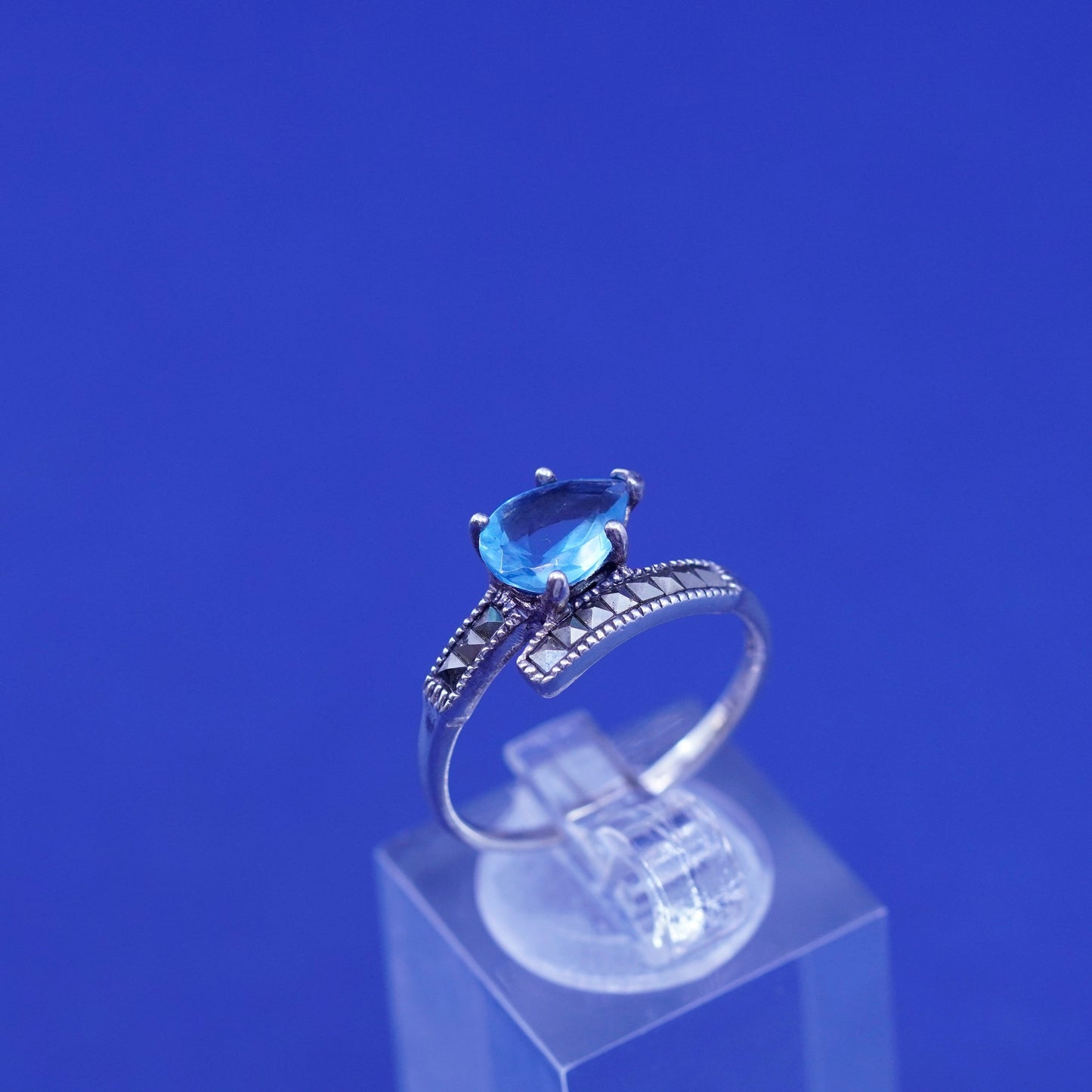 Size 7.75, Sterling silver handmade ring, 925 band teardrop topaz marcasite