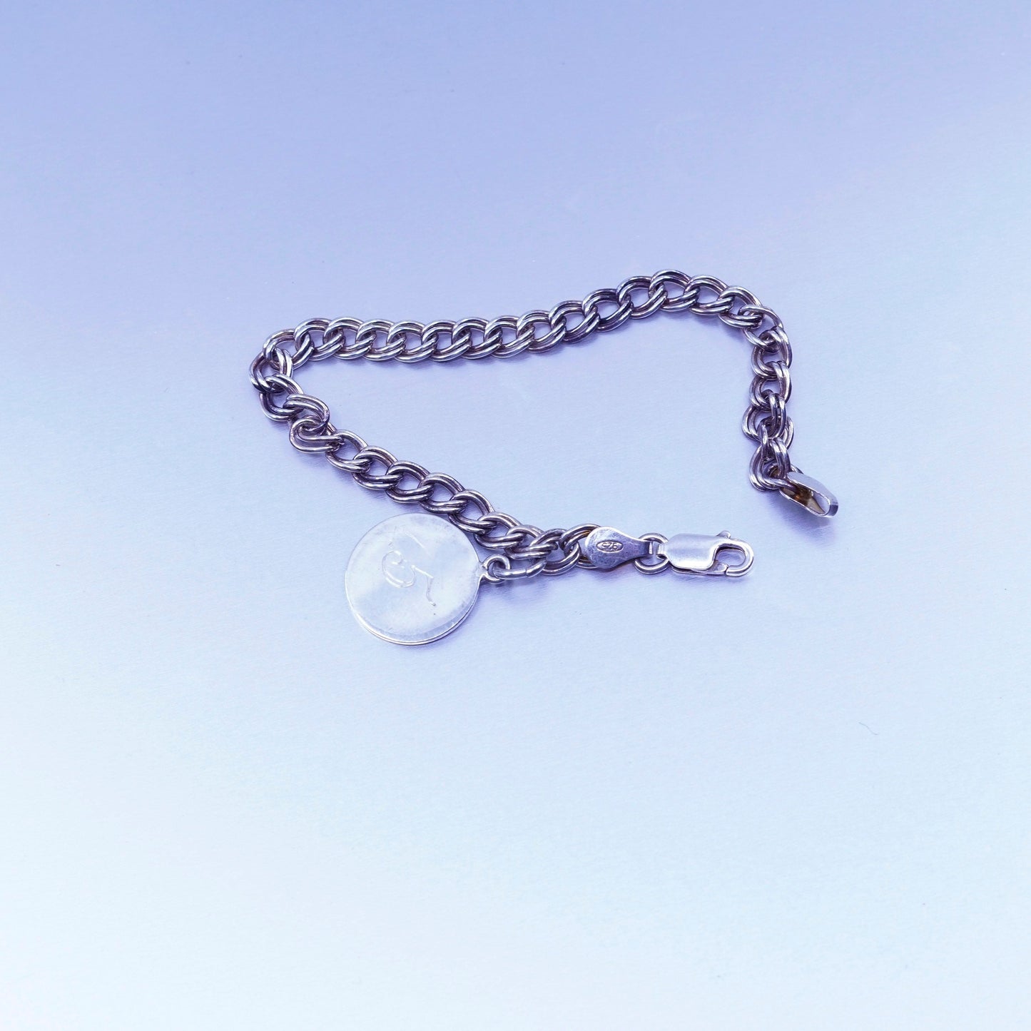 6.5”, Italy Sterling 925 silver handmade bracelet, curb chain initial C charm