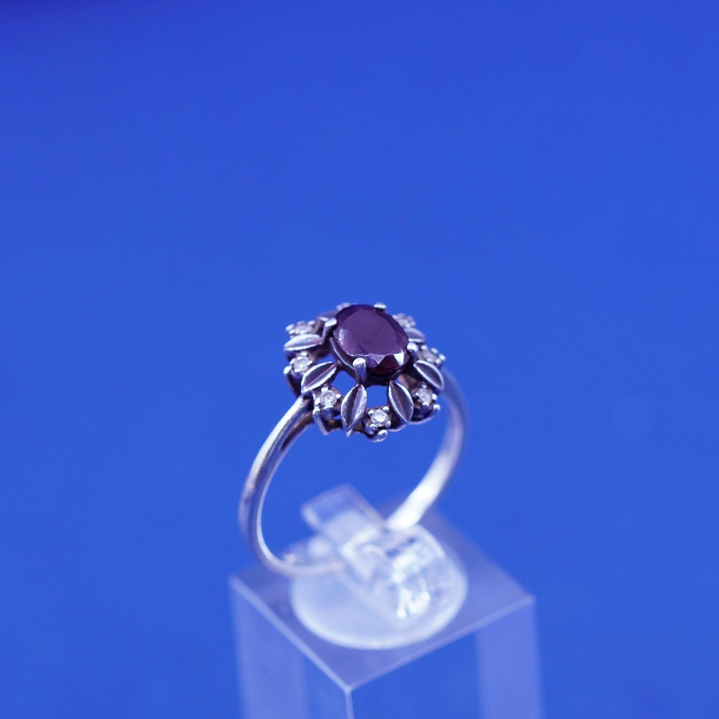 Size 10.75, vintage Sterling 925 silver handmade flower ring with Ruby and cz