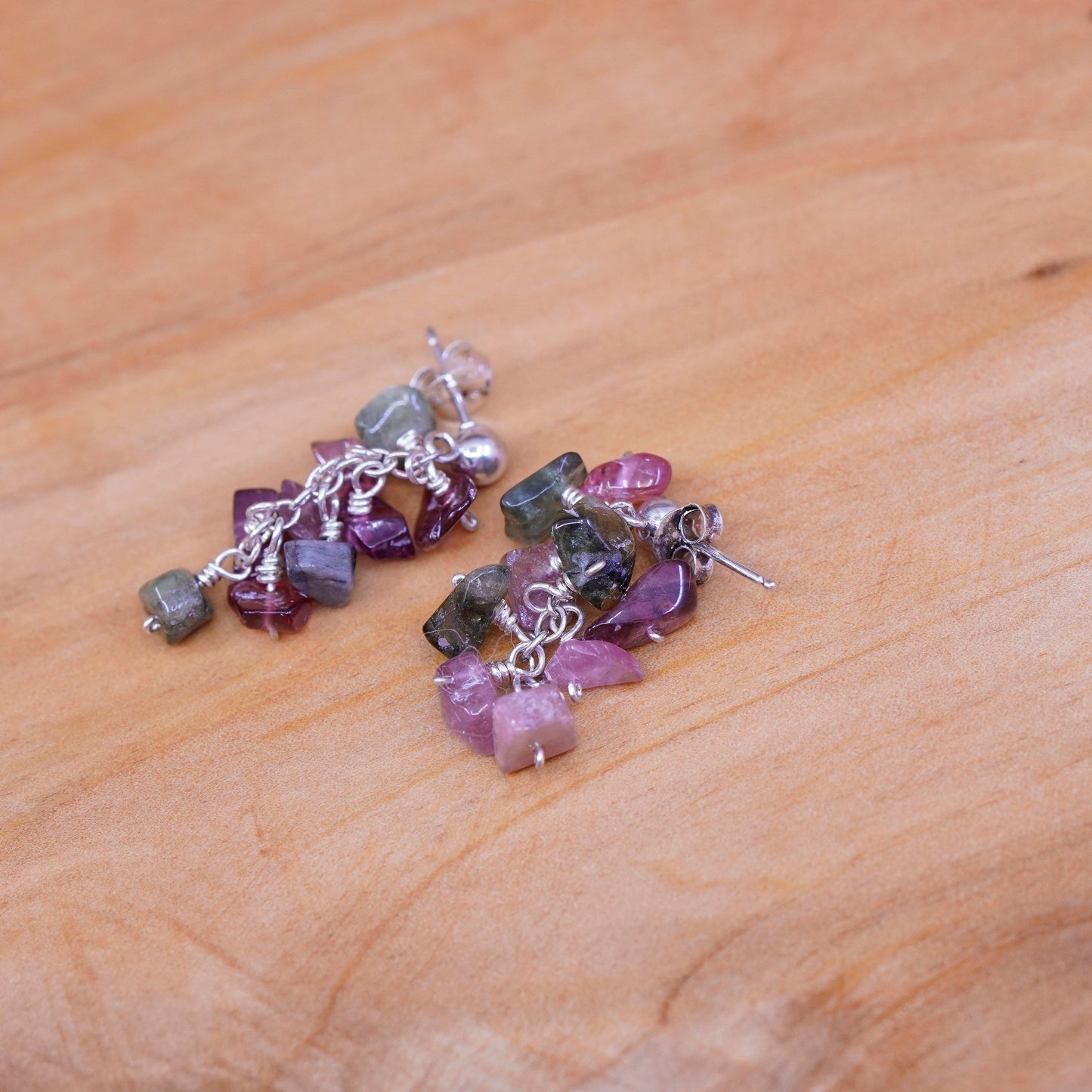 Vintage Sterling 925 silver Handmade earrings with cluster amethyst jade