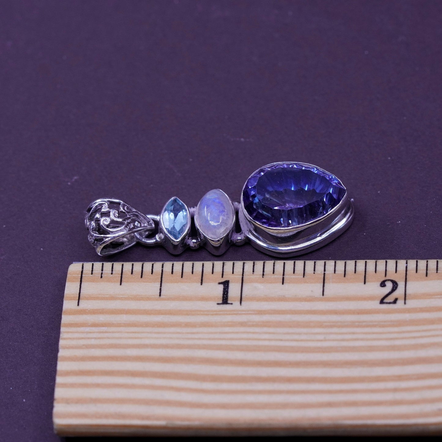 Vintage handmade sterling 925 silver pendant with rainbow topaz moonstone topaz