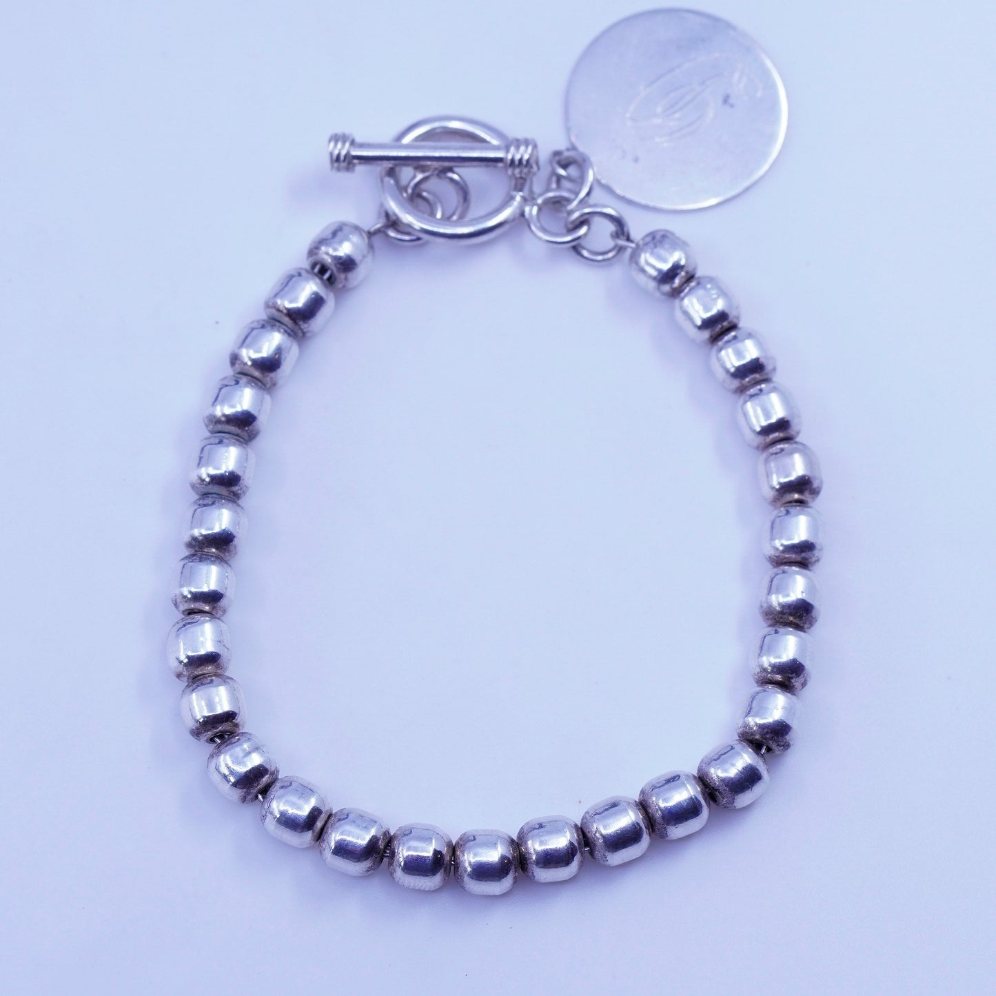 7.25”, vintage Sterling 925 silver handmade bold bead bracelet charm initial “D