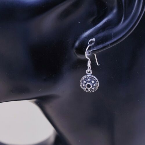 Vtg Sterling Silver Handmade Earrings, 925 Bali Circle W/ Obsidian N Bali