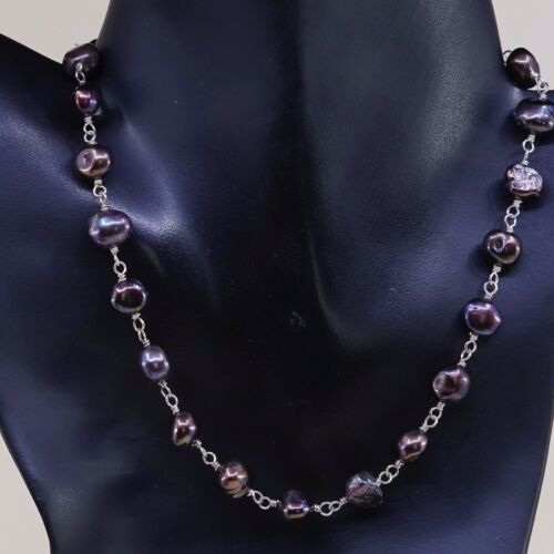 16+2”, Vtg Sterling silver handmade necklace, 925 Silver Chain W/ Pearl Beads