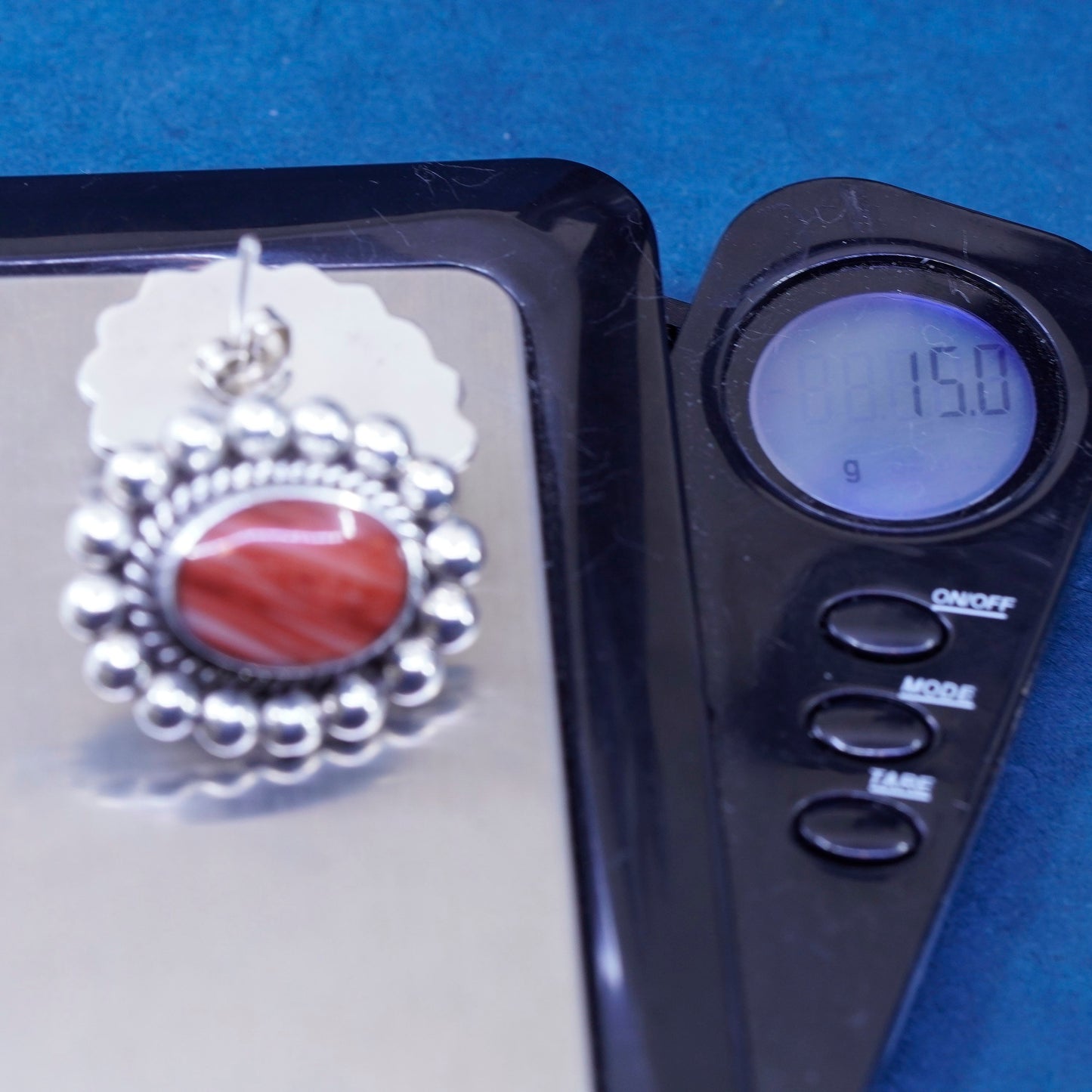 Vintage sterling silver handmade earrings, 925 oval studs with red agate beads