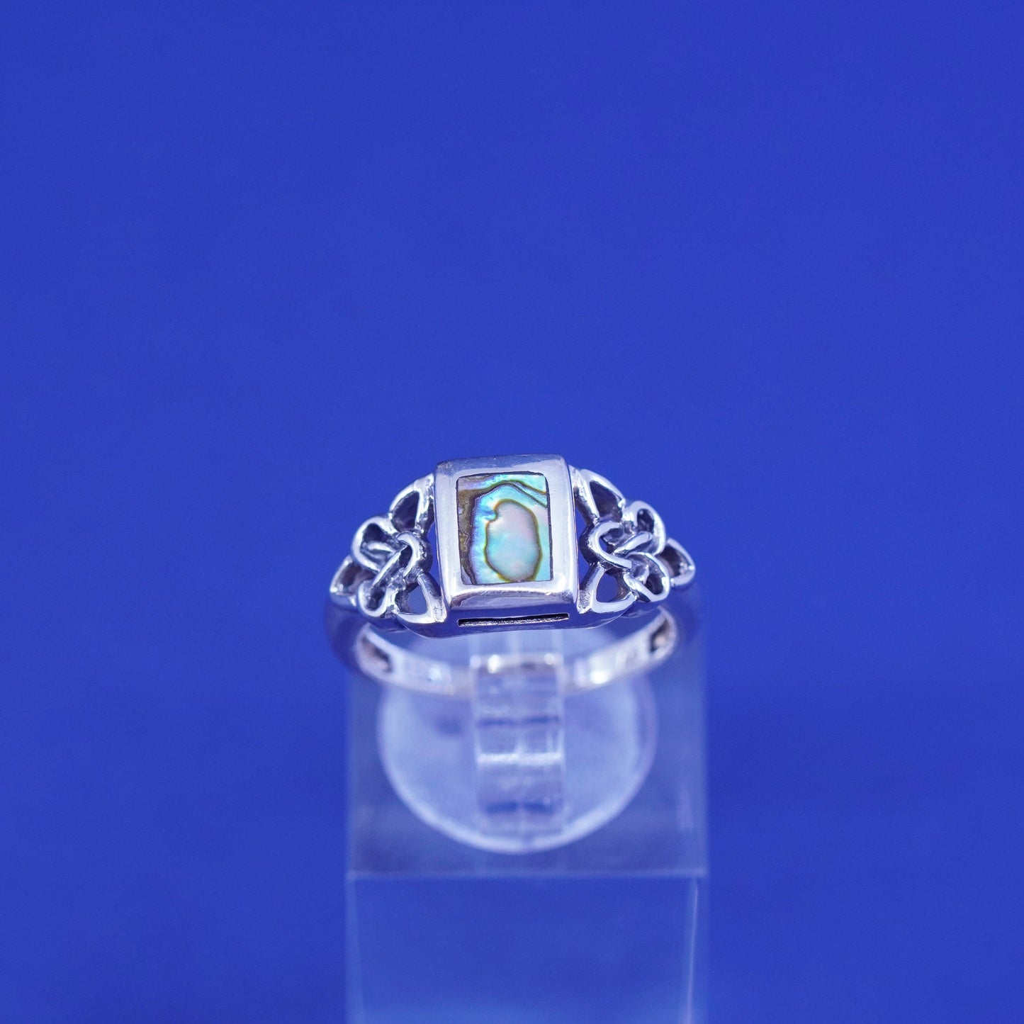 Size 6.75, vintage sterling 925 silver handmade filigree ring with abalone
