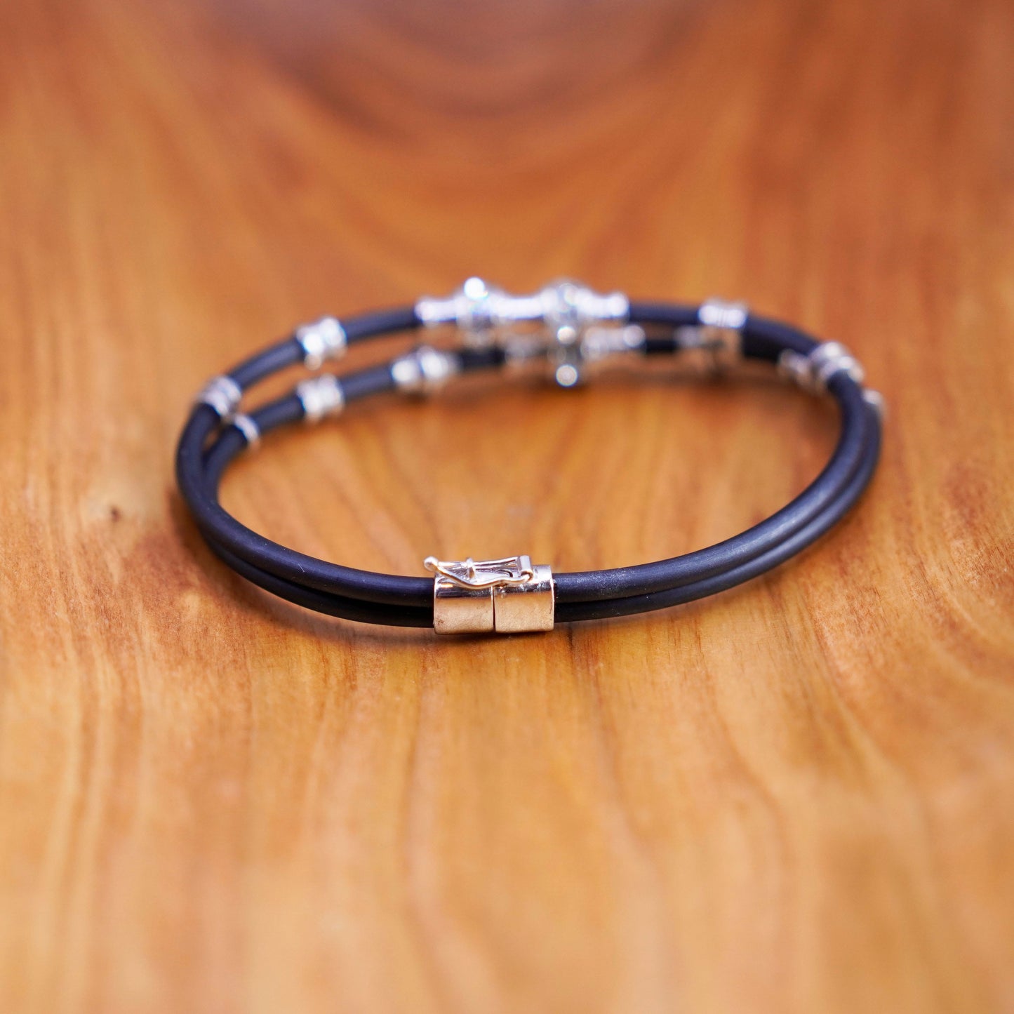 7”, double strands black rubber bracelet sterling 925 silver tube and cz charms