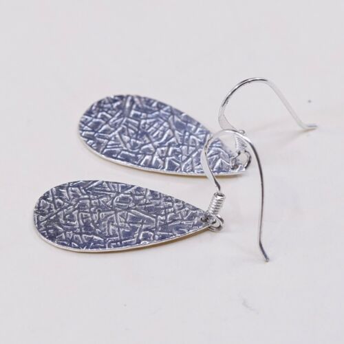 vtg Modernist Hammered Sterling Silver Teardrop Dangles Earrings, Stamped 925