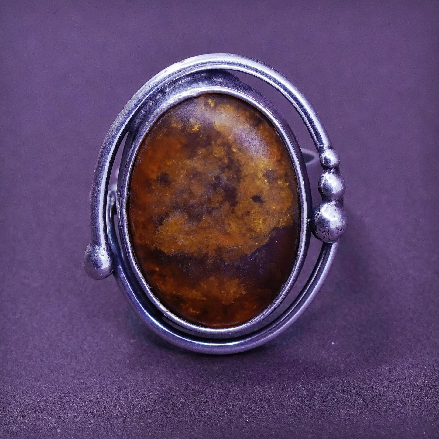 Size 10.5, vintage Sterling 925 silver handmade ring with oval Amber and beads