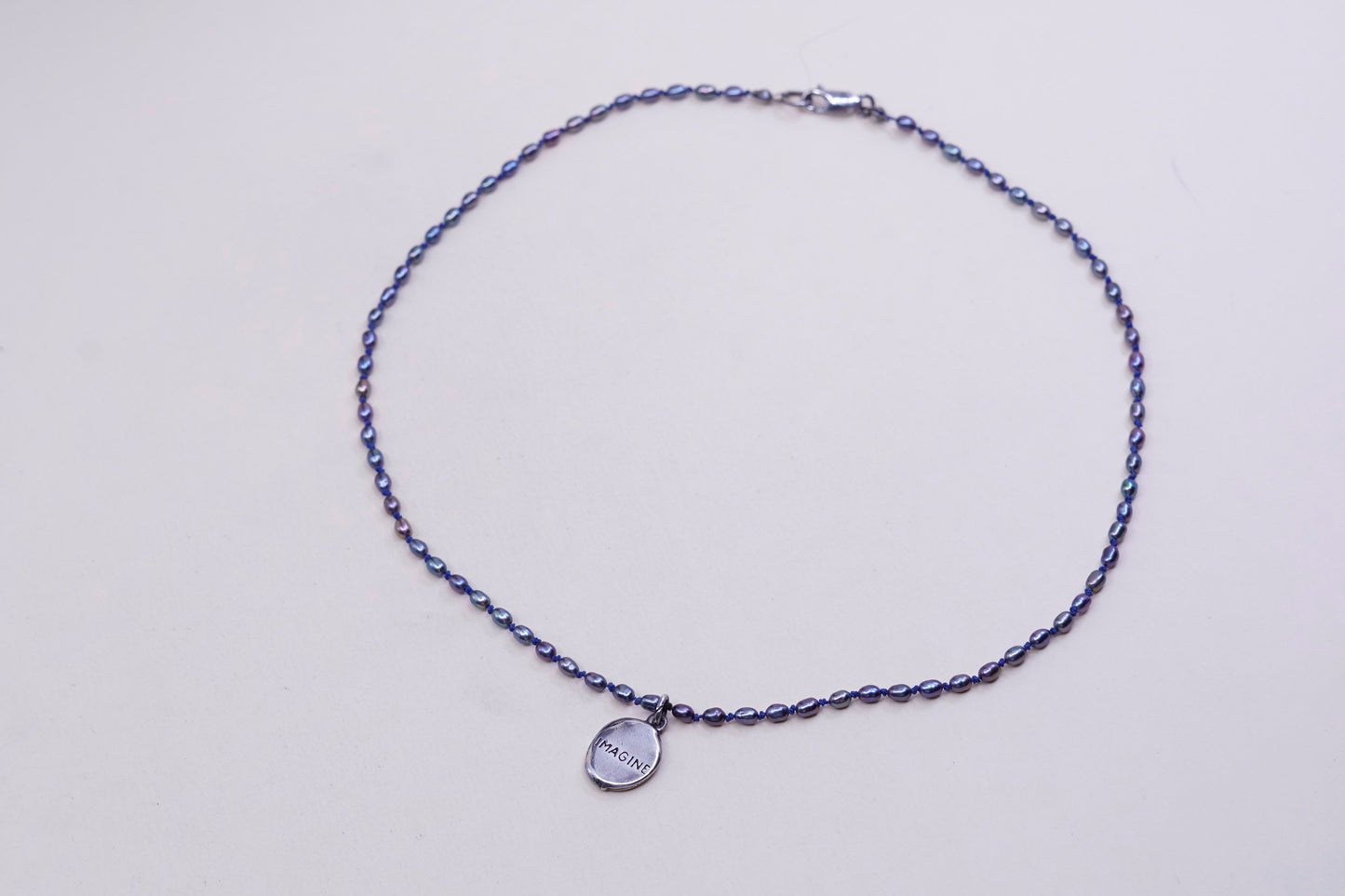 16”, handmade necklace w/ black pearl beads sterling 925 silver imagine pendant