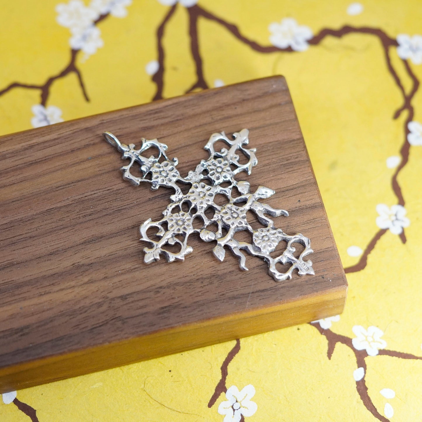 Vintage Sterling silver handmade pendant, 925 filigree cross with angel