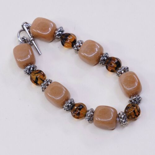 6”, Vtg Handmade Amber N Orange Gemstone Bracelet W/ Silver Tone Toggle Closure
