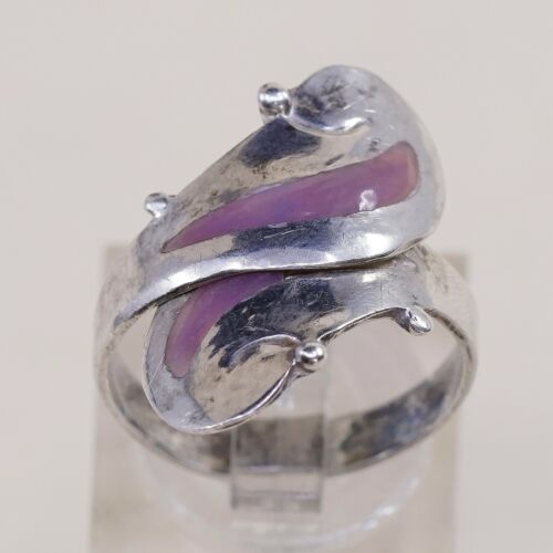 Sz 7, Vtg Sterling Silver Handmade Ring, 925 Silver Band W/ Enamel inlay