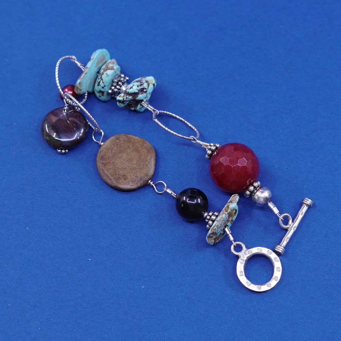 6.5”, vtg sterling silver handmade bracelet, 925 w/ turquoise N carnelian beads