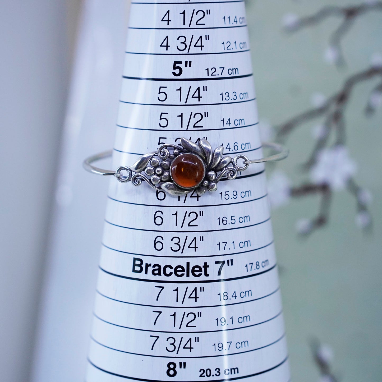 6”, Boma sterling 925 silver handmade tennis leafy bangle bracelet with amber