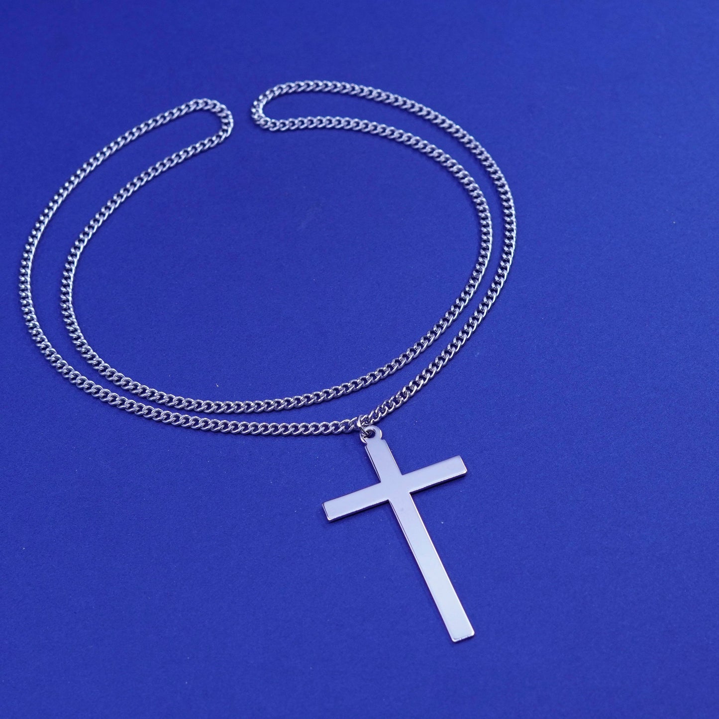 24”, vintage Sterling 925 silver handmade cross with silver tone curb chain