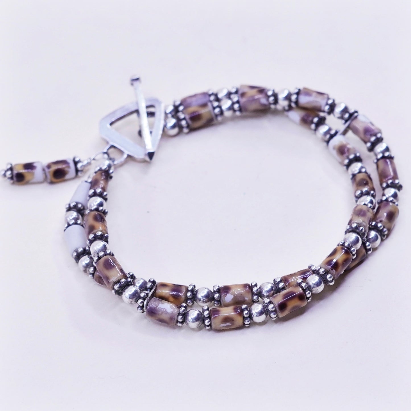 6.75”, vintage double strands sterling silver handmade bracelet with beads